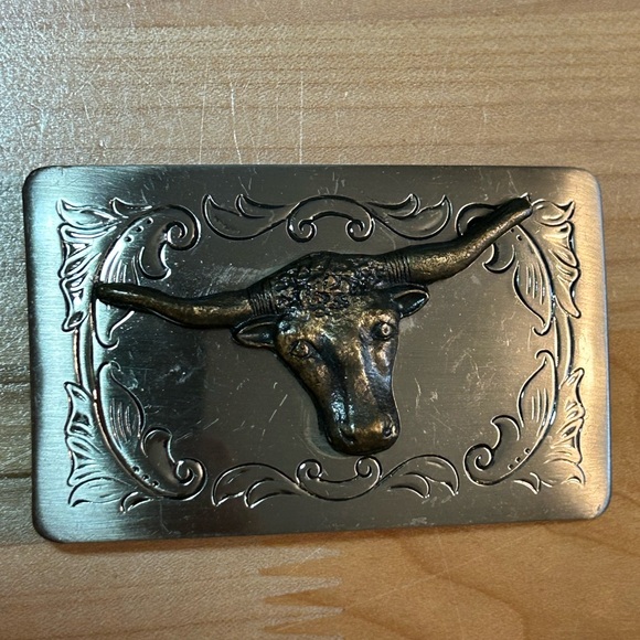Silver Tone 2” X 3” Belt Buckle w. Bronze Color Bull Head USA Made Belt Buckle - Picture 2 of 4